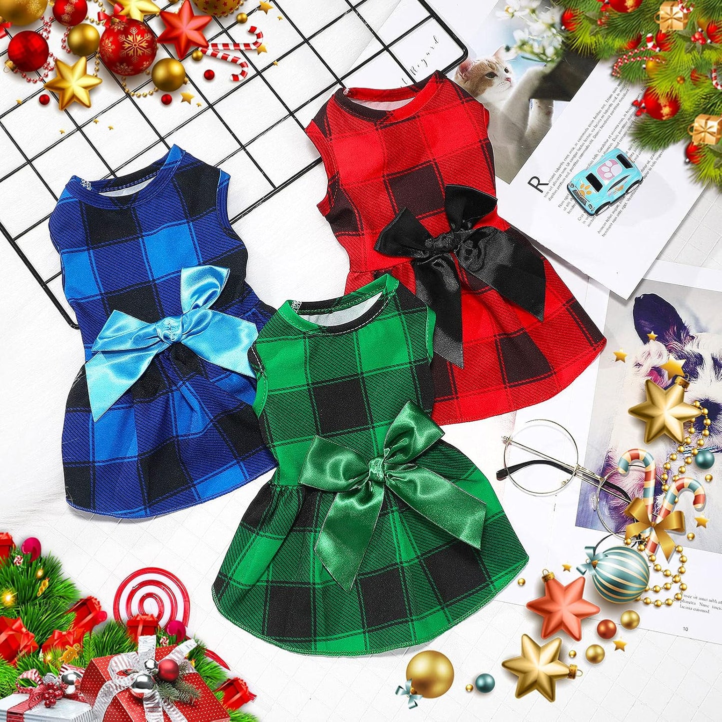3 Pieces Christmas Buffalo Plaid Puppy Dress with Bowknot Plaid Dog Princess Dress Check Pattern Dog Skirt Holiday Pet Dresses Puppy Costume Apparel Clothes for Small Dogs (L (7-9Lbs)