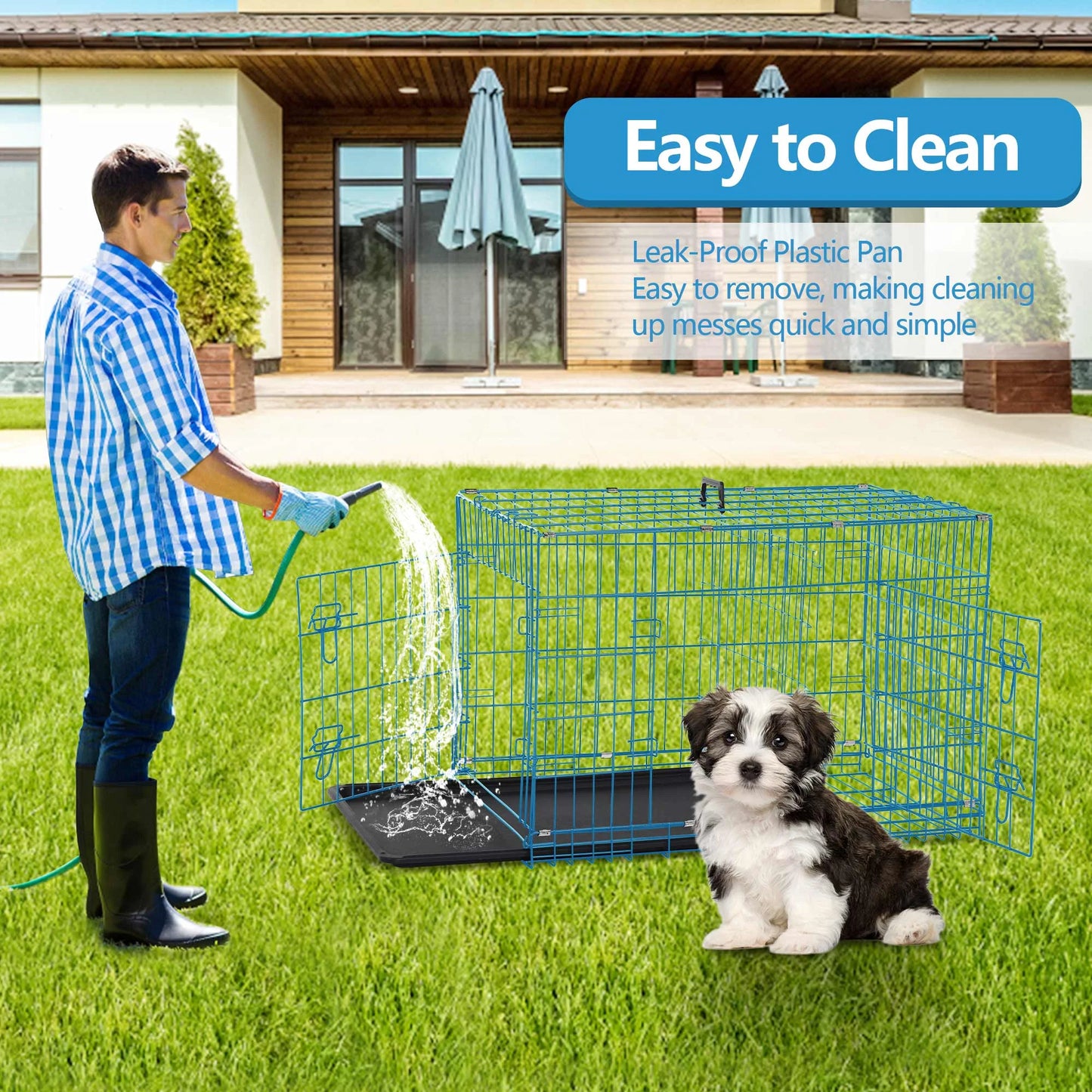 24 Inch Pets Dog Cage for Small Dogs, Folding Dog Crates and Kennels Double Door, Pet Cage with Tray Pan for Small Animals