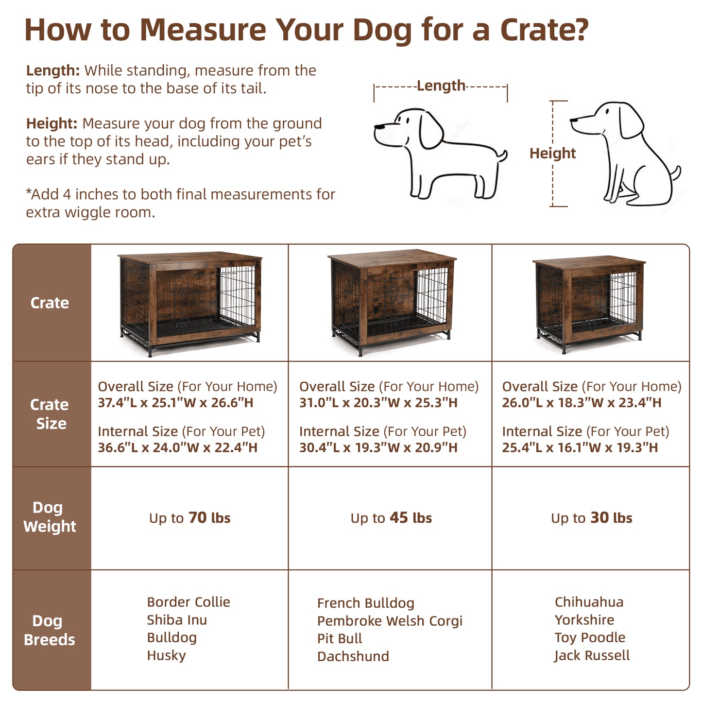 Dog Crate Furniture up to 70 Lbs for Large Dogs, Side End Table, Dog Kennel for Indoor