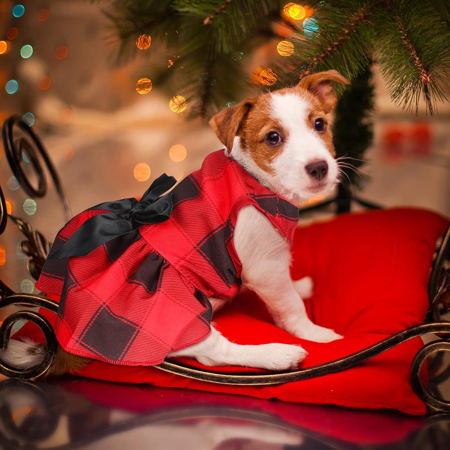 3 Pieces Christmas Buffalo Plaid Puppy Dress with Bowknot Plaid Dog Princess Dress Check Pattern Dog Skirt Holiday Pet Dresses Puppy Costume Apparel Clothes for Small Dogs (L (7-9Lbs)