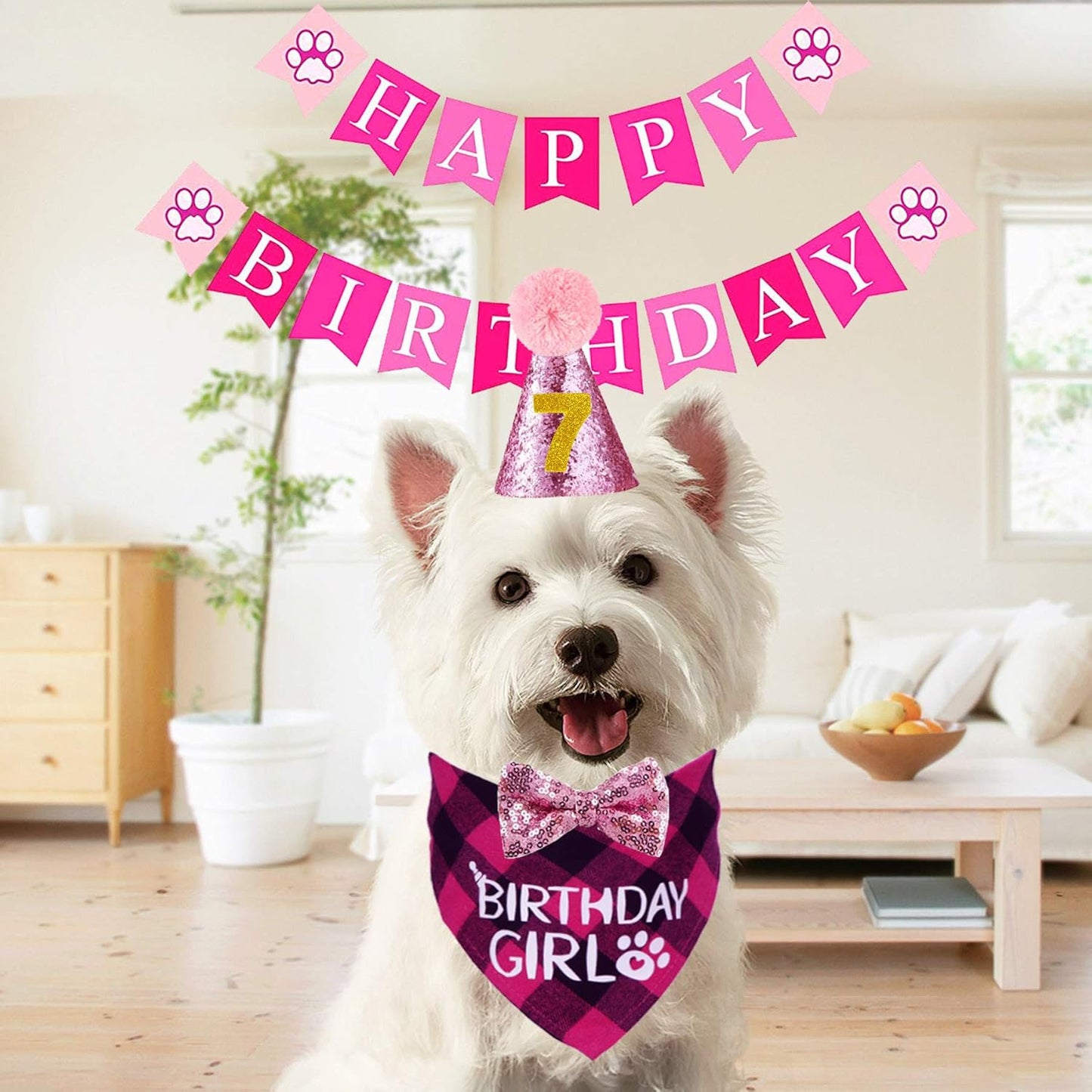 Dog Birthday Bandana, Dog Birthday Party Set, Dog Birthday Girl Bandana Triangle Scarf with Cute Dog Birthday Number Hat Bowtie Dog Birthday Banner for Dog Birthday Party Supplies (Pink)