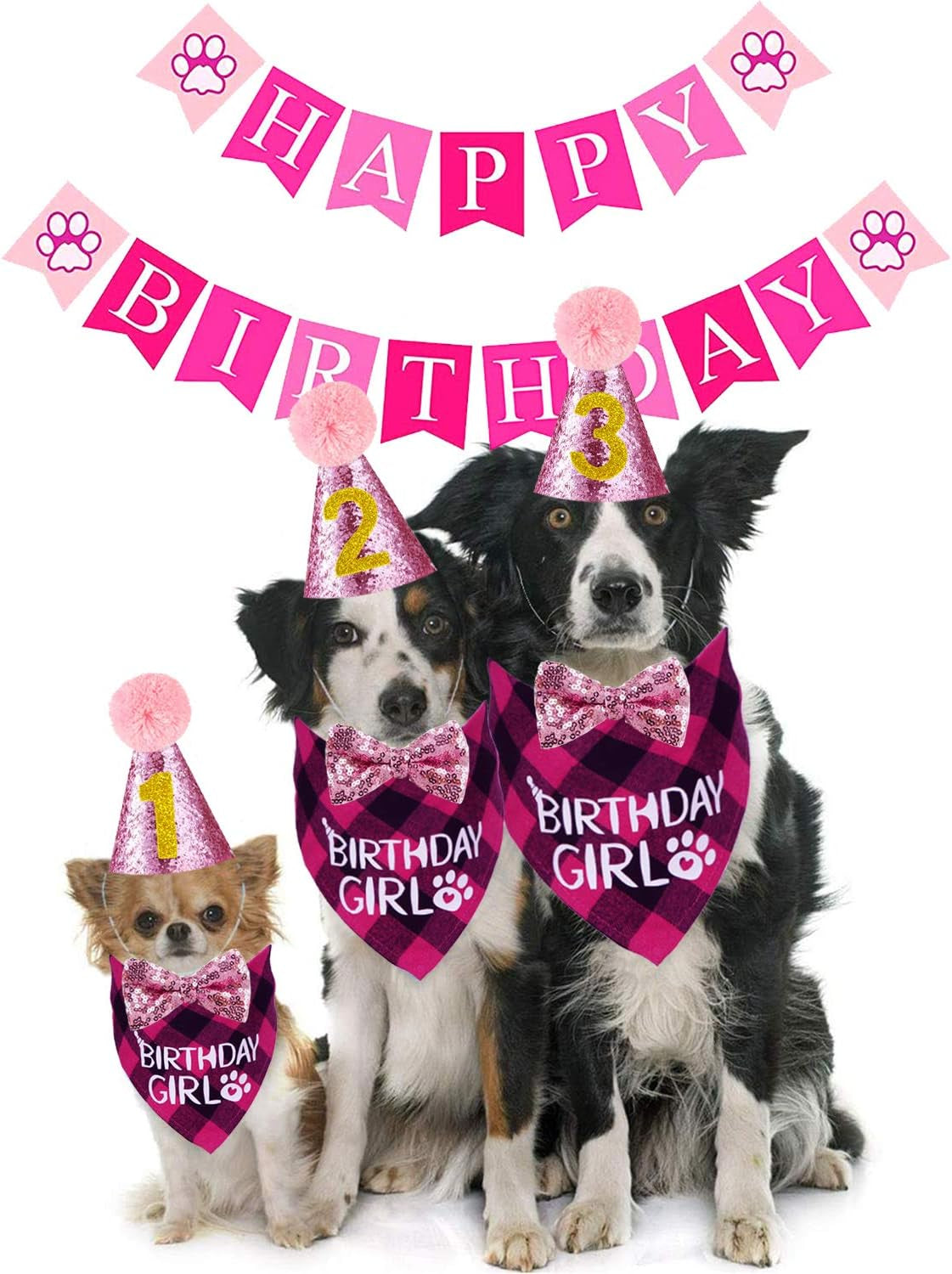 Dog Birthday Bandana, Dog Birthday Party Set, Dog Birthday Girl Bandana Triangle Scarf with Cute Dog Birthday Number Hat Bowtie Dog Birthday Banner for Dog Birthday Party Supplies (Pink)