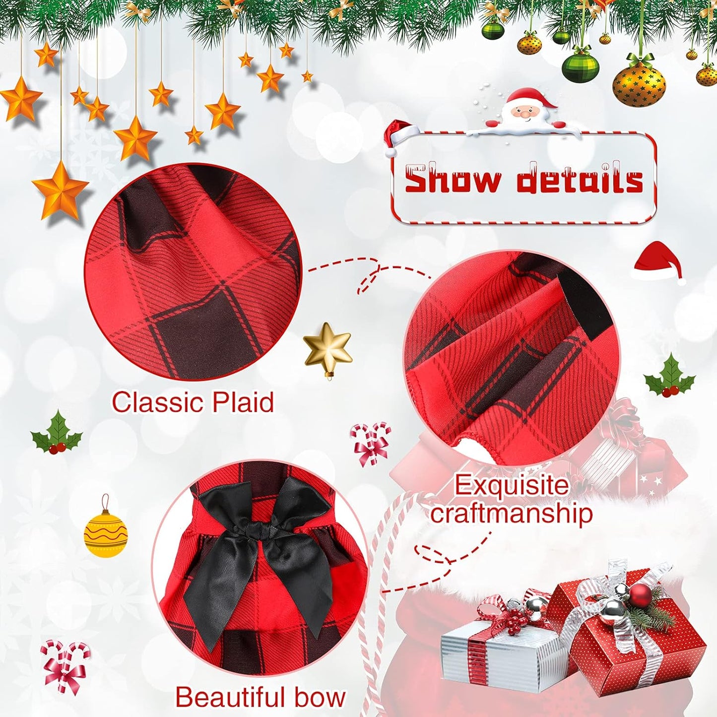 3 Pieces Christmas Buffalo Plaid Puppy Dress with Bowknot Plaid Dog Princess Dress Check Pattern Dog Skirt Holiday Pet Dresses Puppy Costume Apparel Clothes for Small Dogs (L (7-9Lbs)