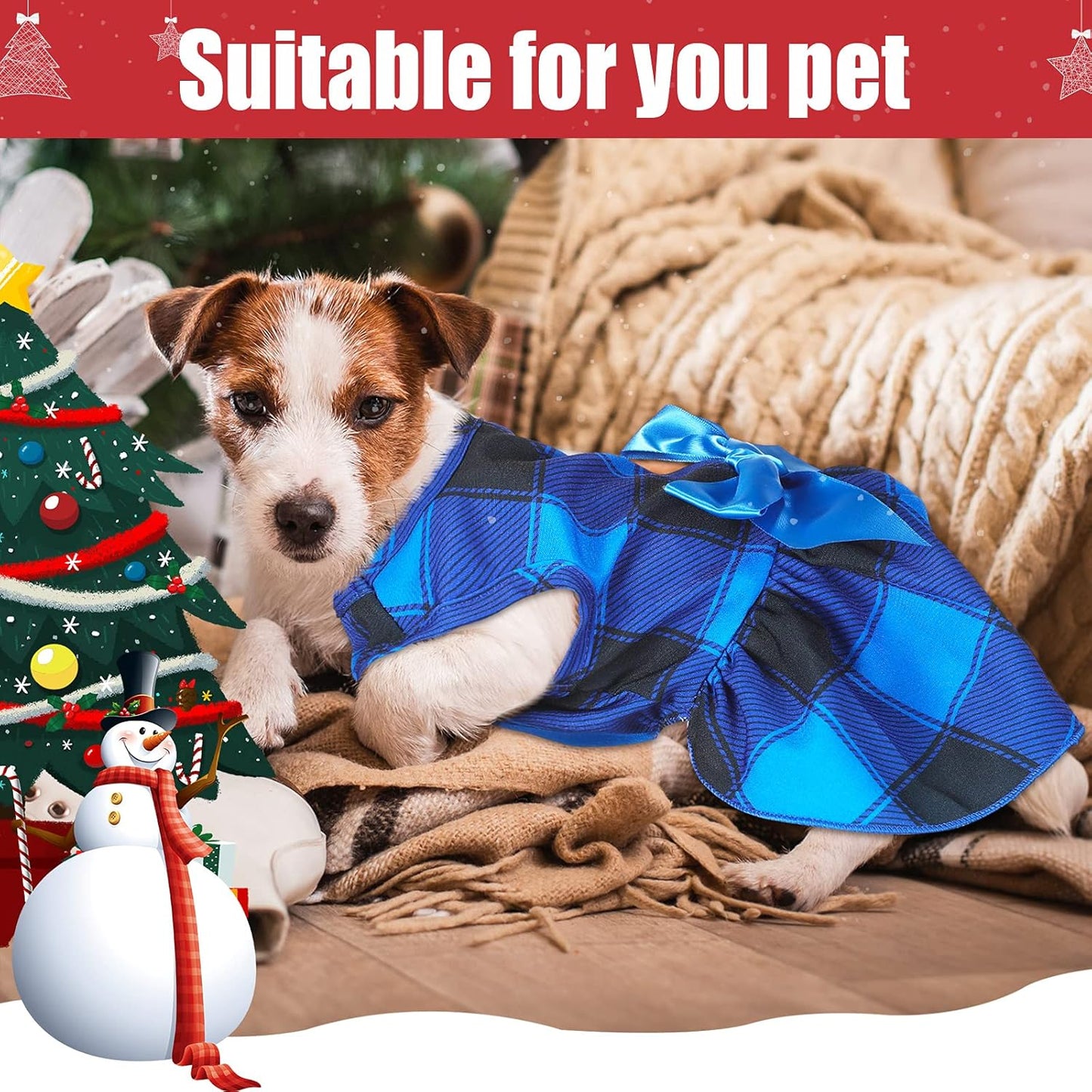 3 Pieces Christmas Buffalo Plaid Puppy Dress with Bowknot Plaid Dog Princess Dress Check Pattern Dog Skirt Holiday Pet Dresses Puppy Costume Apparel Clothes for Small Dogs (L (7-9Lbs)