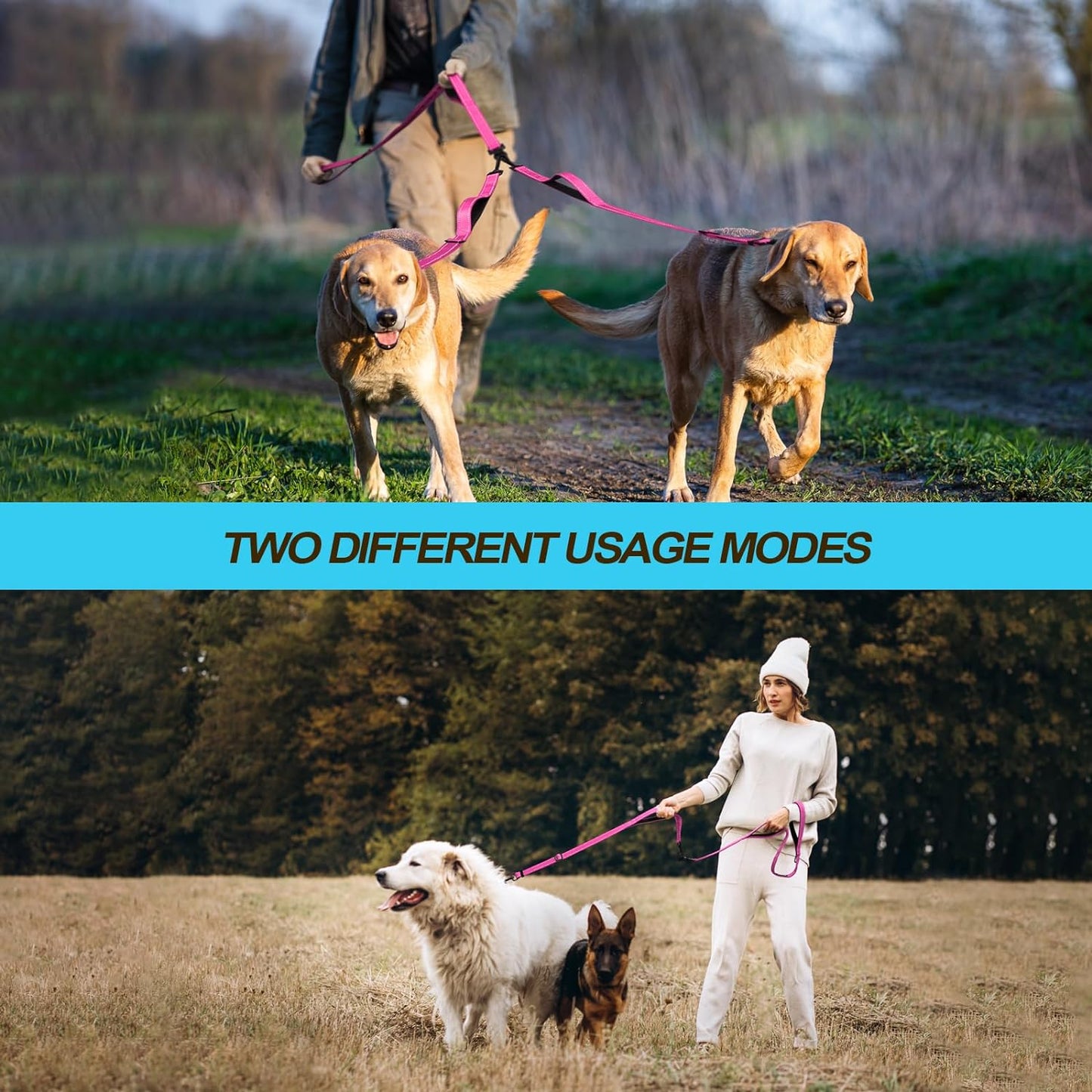 Double Dog Leash, No Tangle Dual Dog Leash, Reflective Walking Training Leash, 4 Comfortable Padded Handles for 2 Dogs with Collapsible Bowl and Waste Bags Dispenser (Pink, Large)