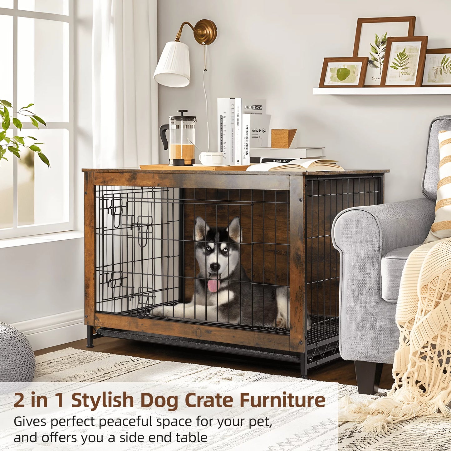 Dog Crate Furniture up to 70 Lbs for Large Dogs, Side End Table, Dog Kennel for Indoor