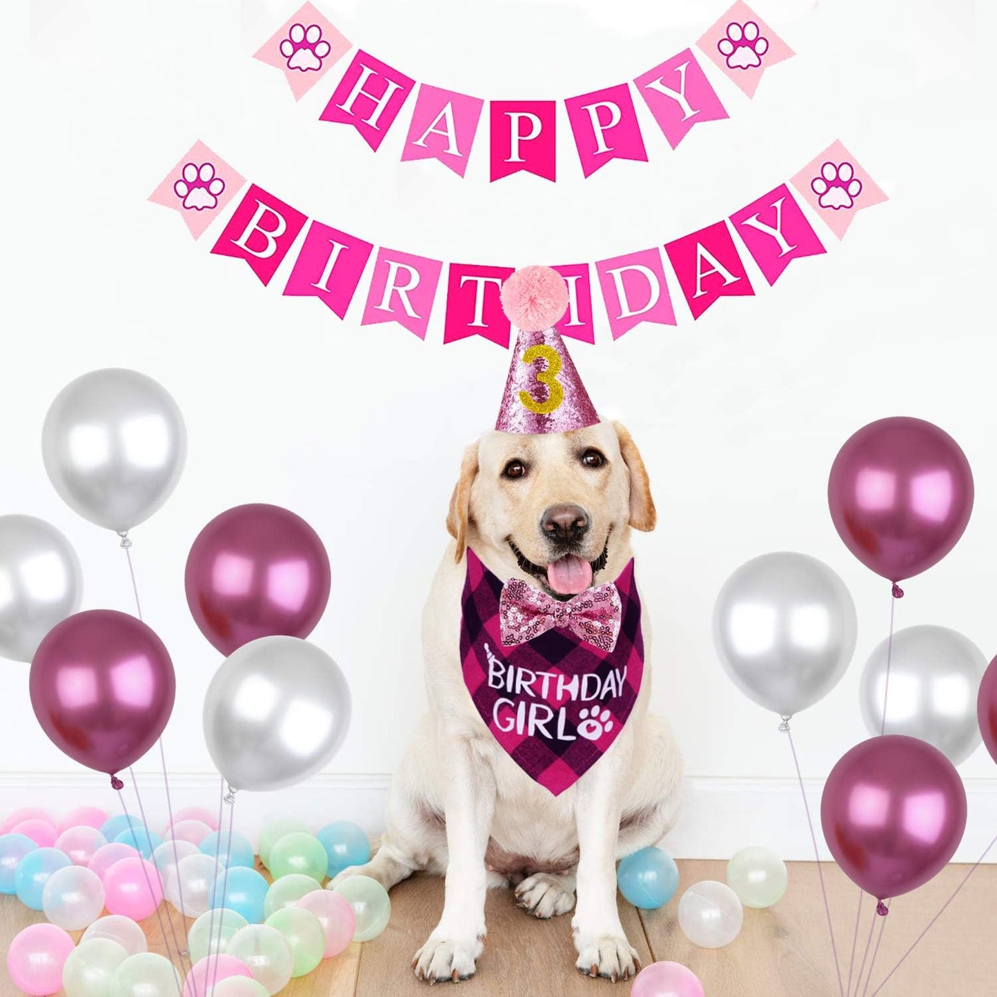 Dog Birthday Bandana, Dog Birthday Party Set, Dog Birthday Girl Bandana Triangle Scarf with Cute Dog Birthday Number Hat Bowtie Dog Birthday Banner for Dog Birthday Party Supplies (Pink)