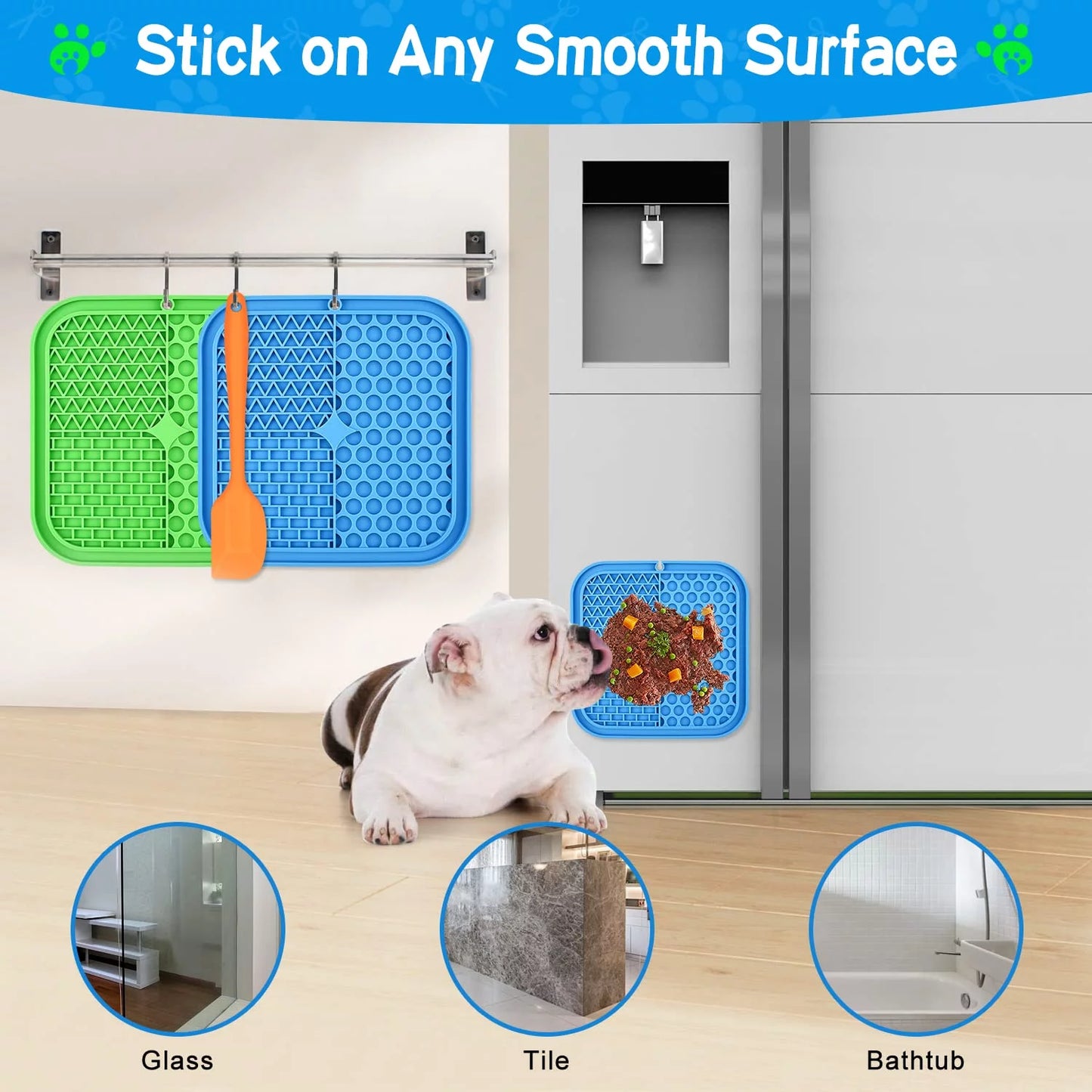 Lick Mat for Dogs, 3Pcs Slow Feeder Dog Bowls with Suction Cups(Green Dog Lick Mat + Blue Lick Mat for Cats + Orange Spatula) for Dog Treats & Cat Food (Anti-Slip, Food Grade Silicone)