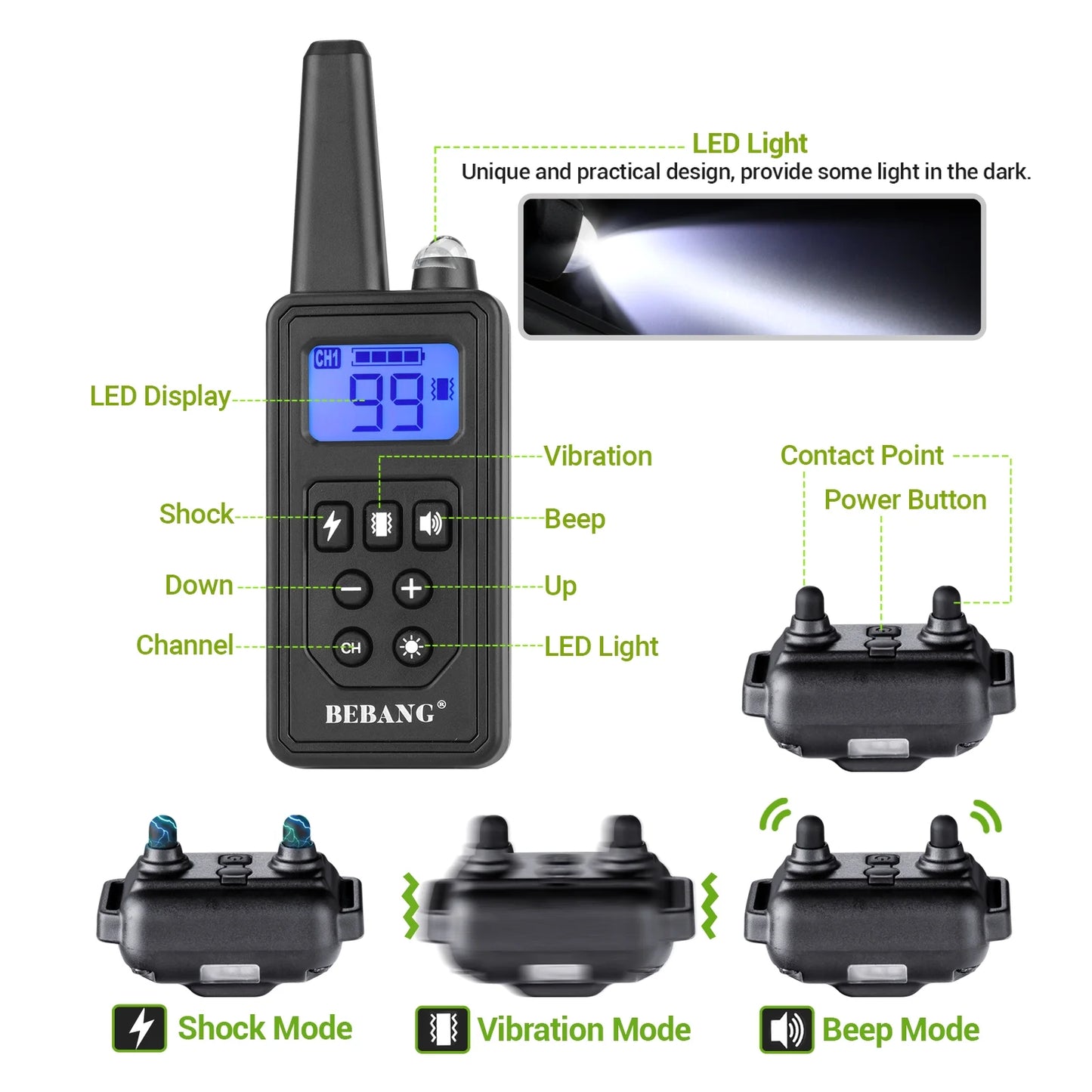 Dog Training Collars, Dog Shock Collar with Remote 880Yards, Beep Vibration Shock Modes , Waterproof, LED Light, Perfect for Training Small Medium Large Dogs