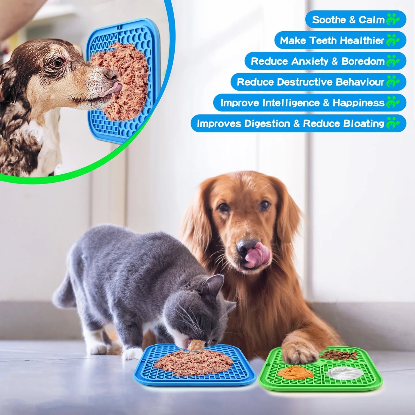 Lick Mat for Dogs, 3Pcs Slow Feeder Dog Bowls with Suction Cups(Green Dog Lick Mat + Blue Lick Mat for Cats + Orange Spatula) for Dog Treats & Cat Food (Anti-Slip, Food Grade Silicone)