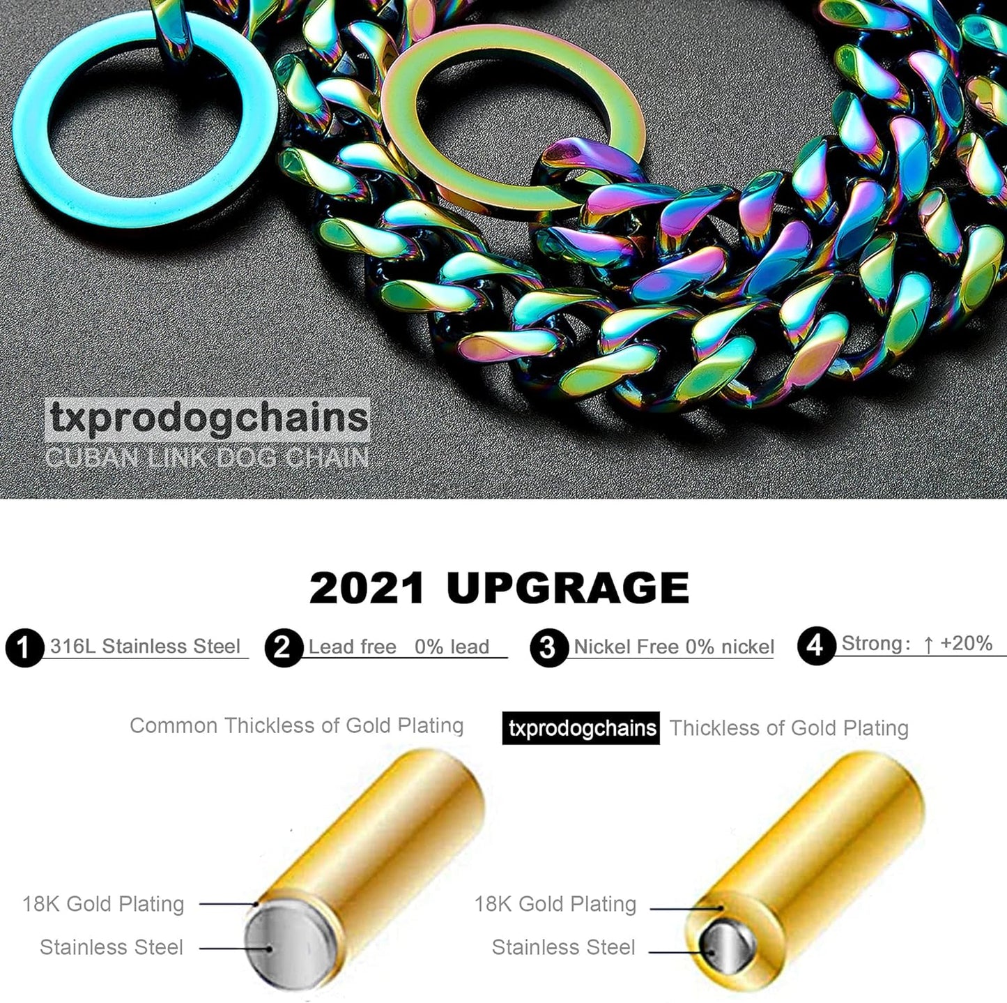 Dog Chain Collars for Dogs Chew Proof Dog Collar, 15Mm Thick Color Chain Dog Collar Heavy Duty Stainless Steel Metal Cuban Link Dog Collar for Small Medium Large Dogs