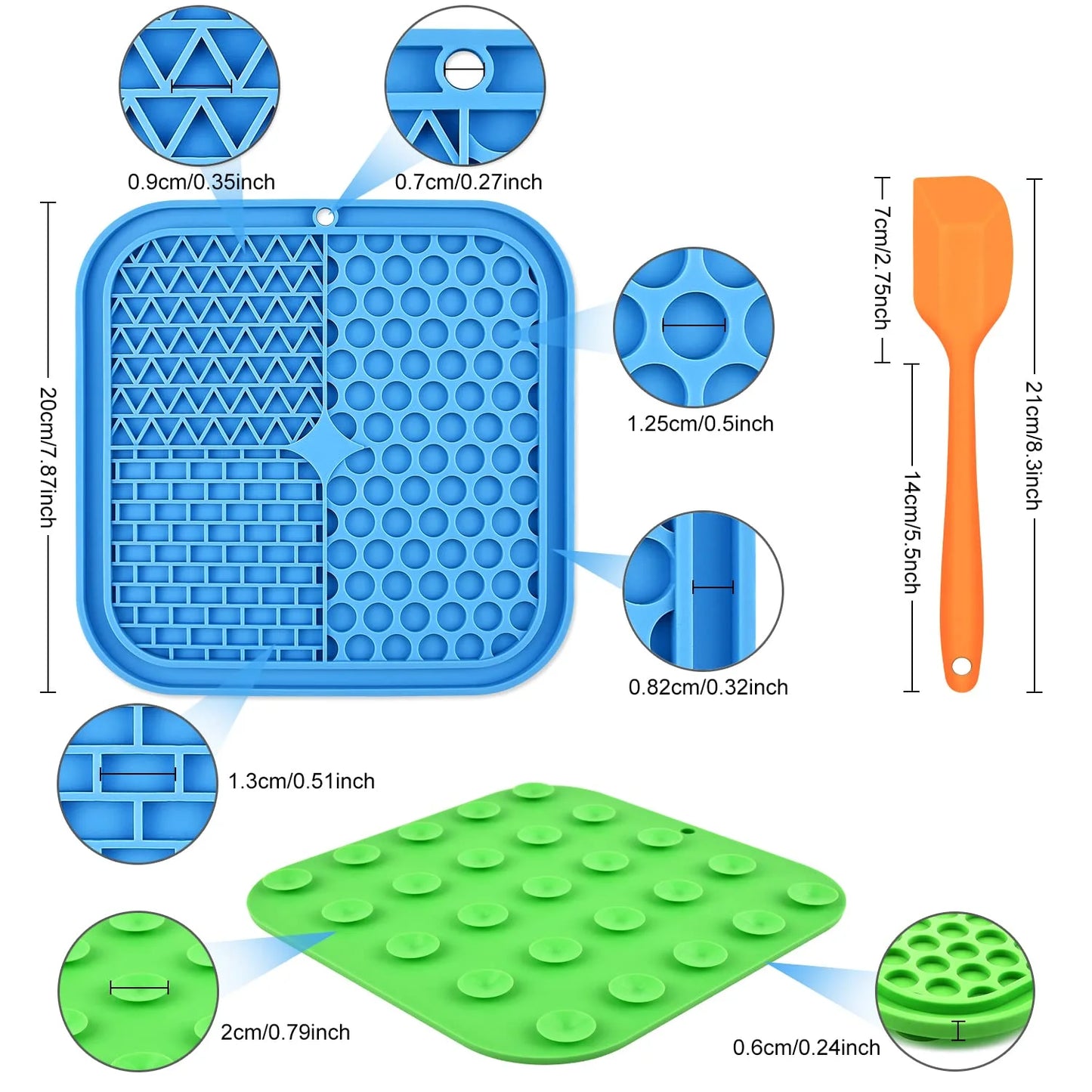 Lick Mat for Dogs, 3Pcs Slow Feeder Dog Bowls with Suction Cups(Green Dog Lick Mat + Blue Lick Mat for Cats + Orange Spatula) for Dog Treats & Cat Food (Anti-Slip, Food Grade Silicone)