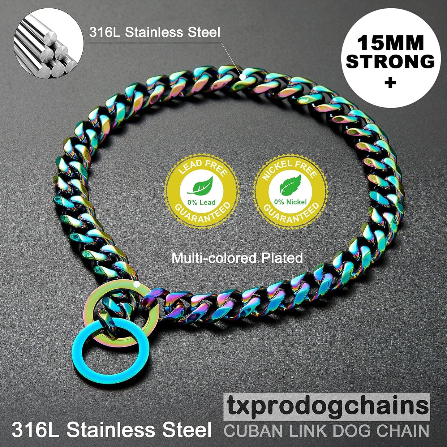 Dog Chain Collars for Dogs Chew Proof Dog Collar, 15Mm Thick Color Chain Dog Collar Heavy Duty Stainless Steel Metal Cuban Link Dog Collar for Small Medium Large Dogs