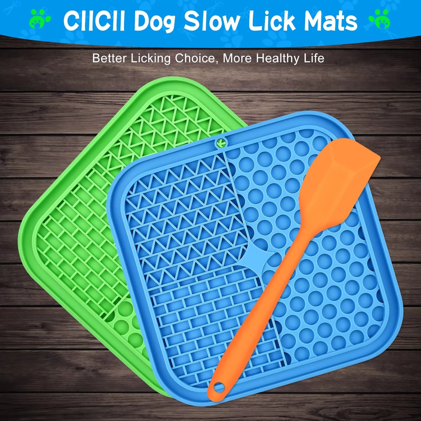Lick Mat for Dogs, 3Pcs Slow Feeder Dog Bowls with Suction Cups(Green Dog Lick Mat + Blue Lick Mat for Cats + Orange Spatula) for Dog Treats & Cat Food (Anti-Slip, Food Grade Silicone)