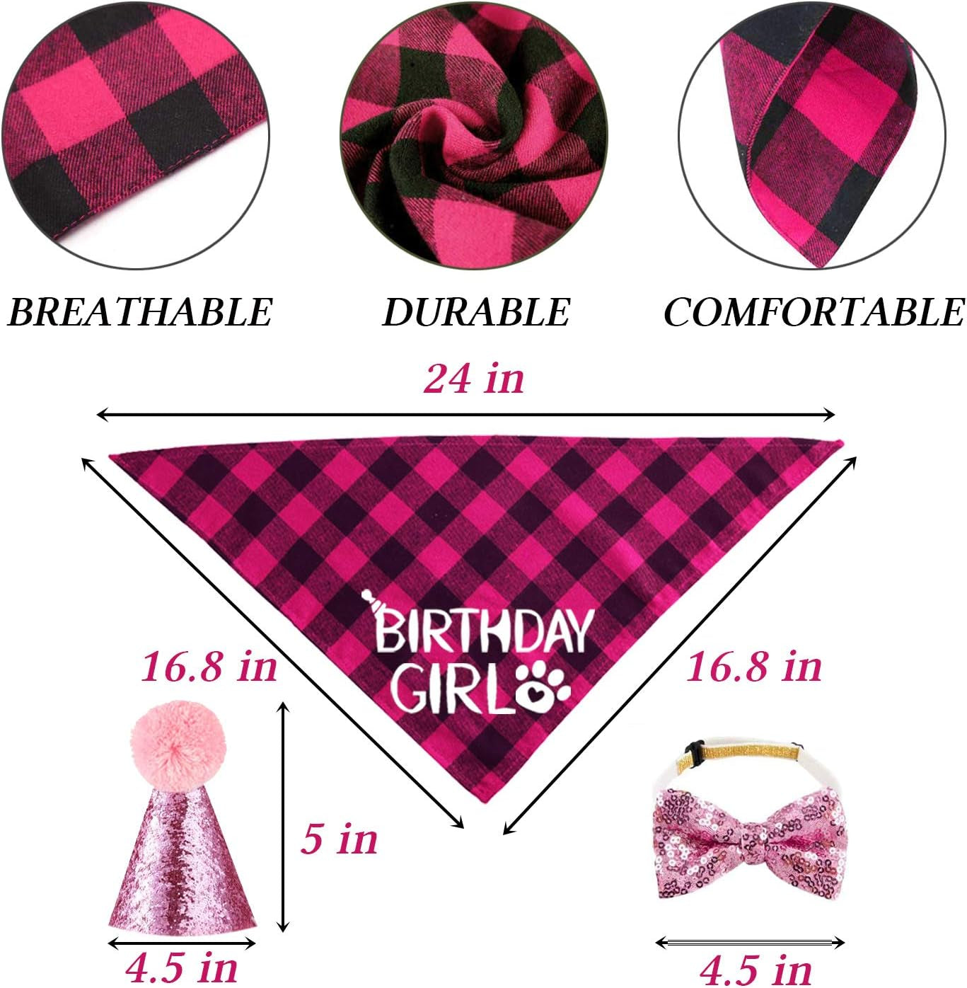 Dog Birthday Bandana, Dog Birthday Party Set, Dog Birthday Girl Bandana Triangle Scarf with Cute Dog Birthday Number Hat Bowtie Dog Birthday Banner for Dog Birthday Party Supplies (Pink)