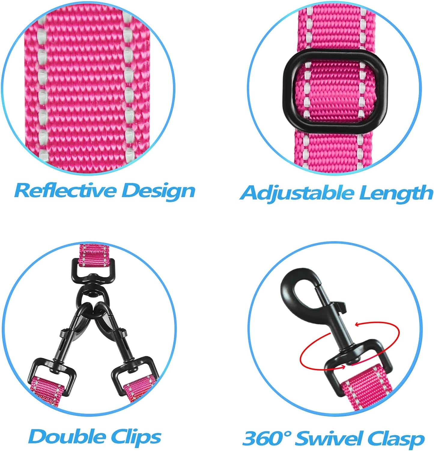 Double Dog Leash, No Tangle Dual Dog Leash, Reflective Walking Training Leash, 4 Comfortable Padded Handles for 2 Dogs with Collapsible Bowl and Waste Bags Dispenser (Pink, Large)