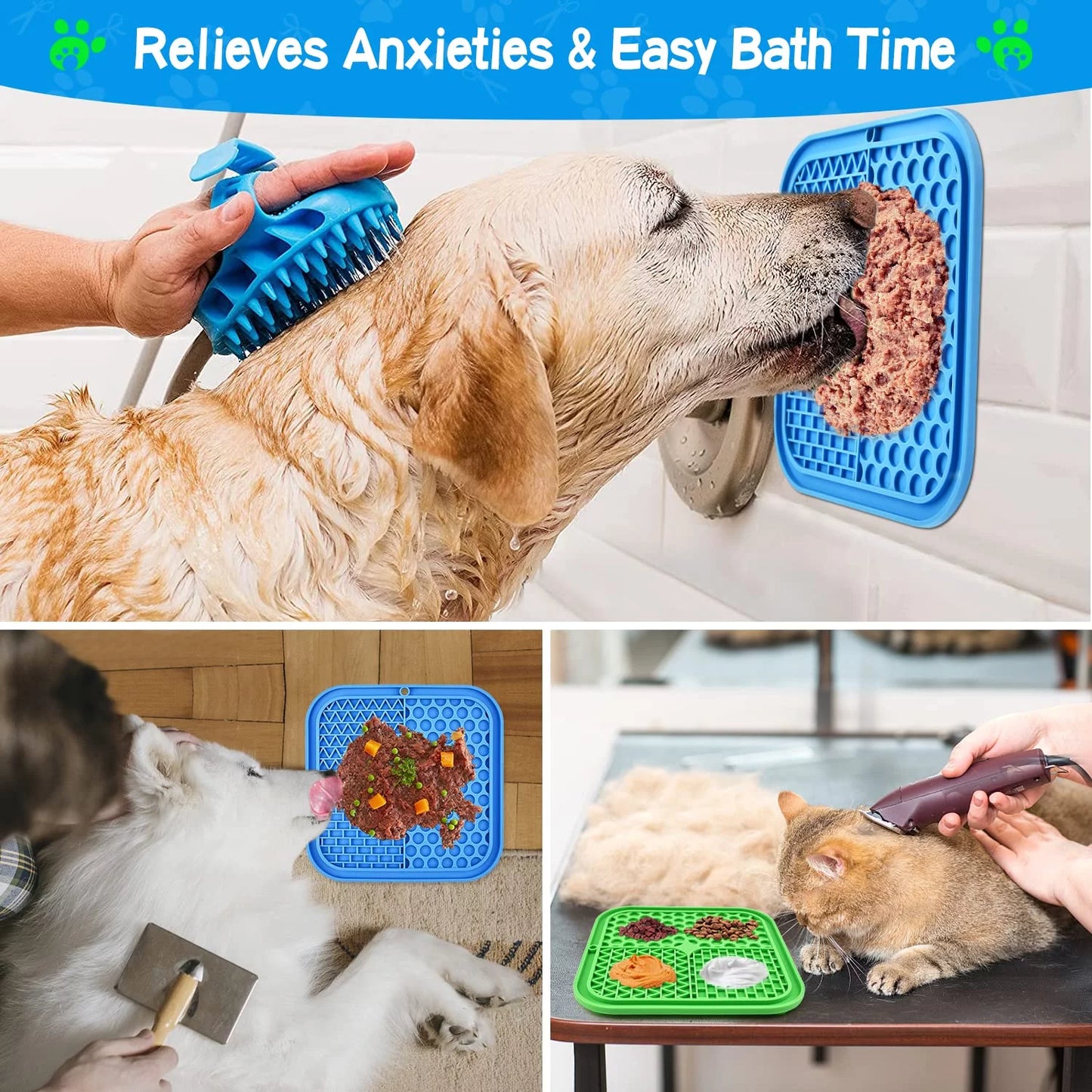 Lick Mat for Dogs, 3Pcs Slow Feeder Dog Bowls with Suction Cups(Green Dog Lick Mat + Blue Lick Mat for Cats + Orange Spatula) for Dog Treats & Cat Food (Anti-Slip, Food Grade Silicone)