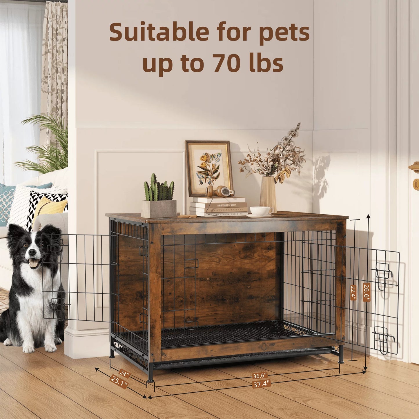 Dog Crate Furniture up to 70 Lbs for Large Dogs, Side End Table, Dog Kennel for Indoor