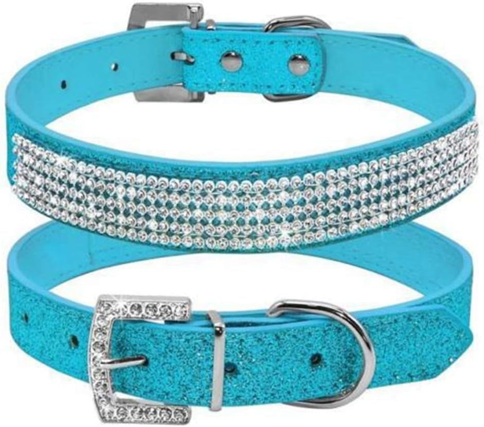 Cute Dazzling Sparkling Leather Dog Cat Rhinestone Collar Crystal Diamond Pet Dog Puppy Collar(Blue,M)