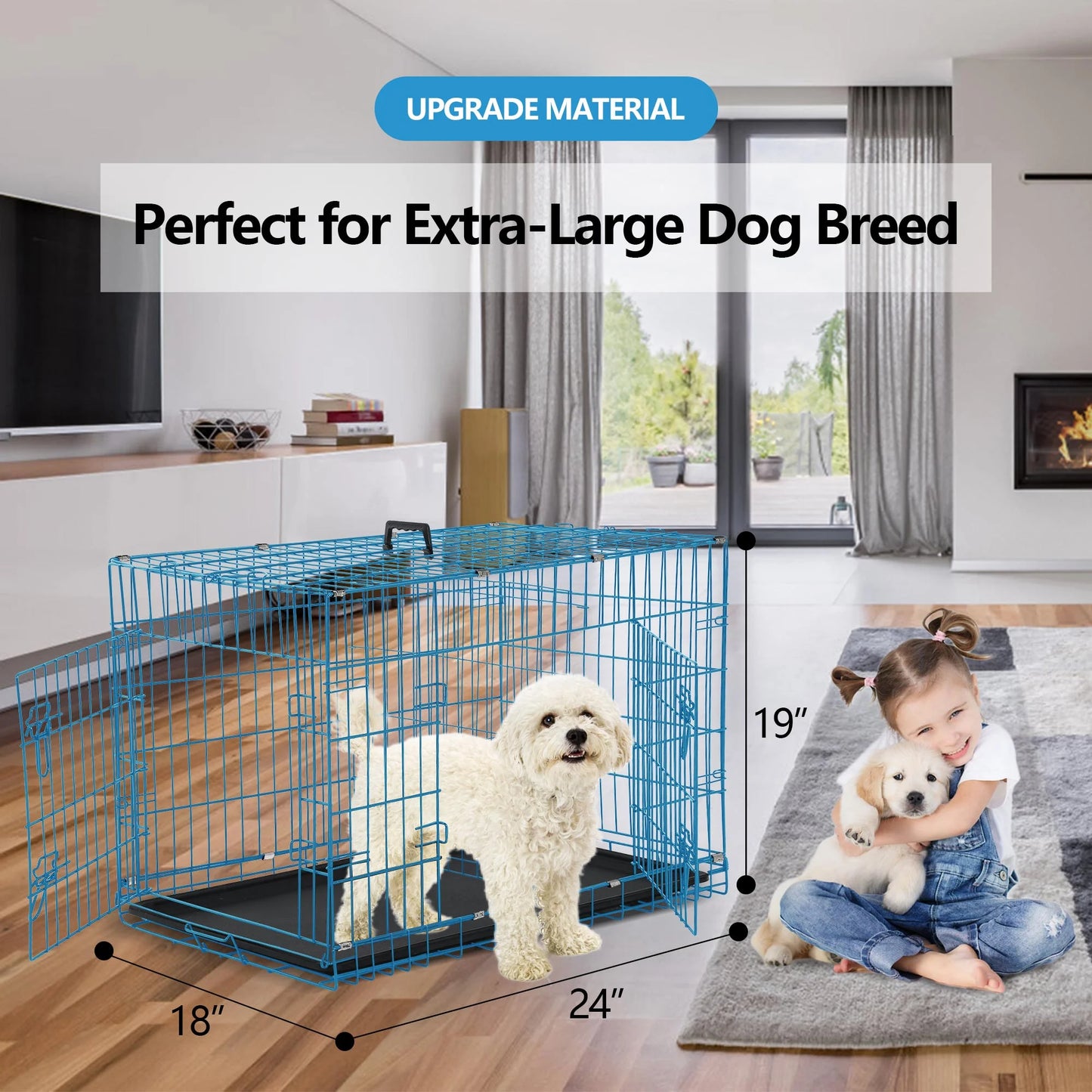 24 Inch Pets Dog Cage for Small Dogs, Folding Dog Crates and Kennels Double Door, Pet Cage with Tray Pan for Small Animals