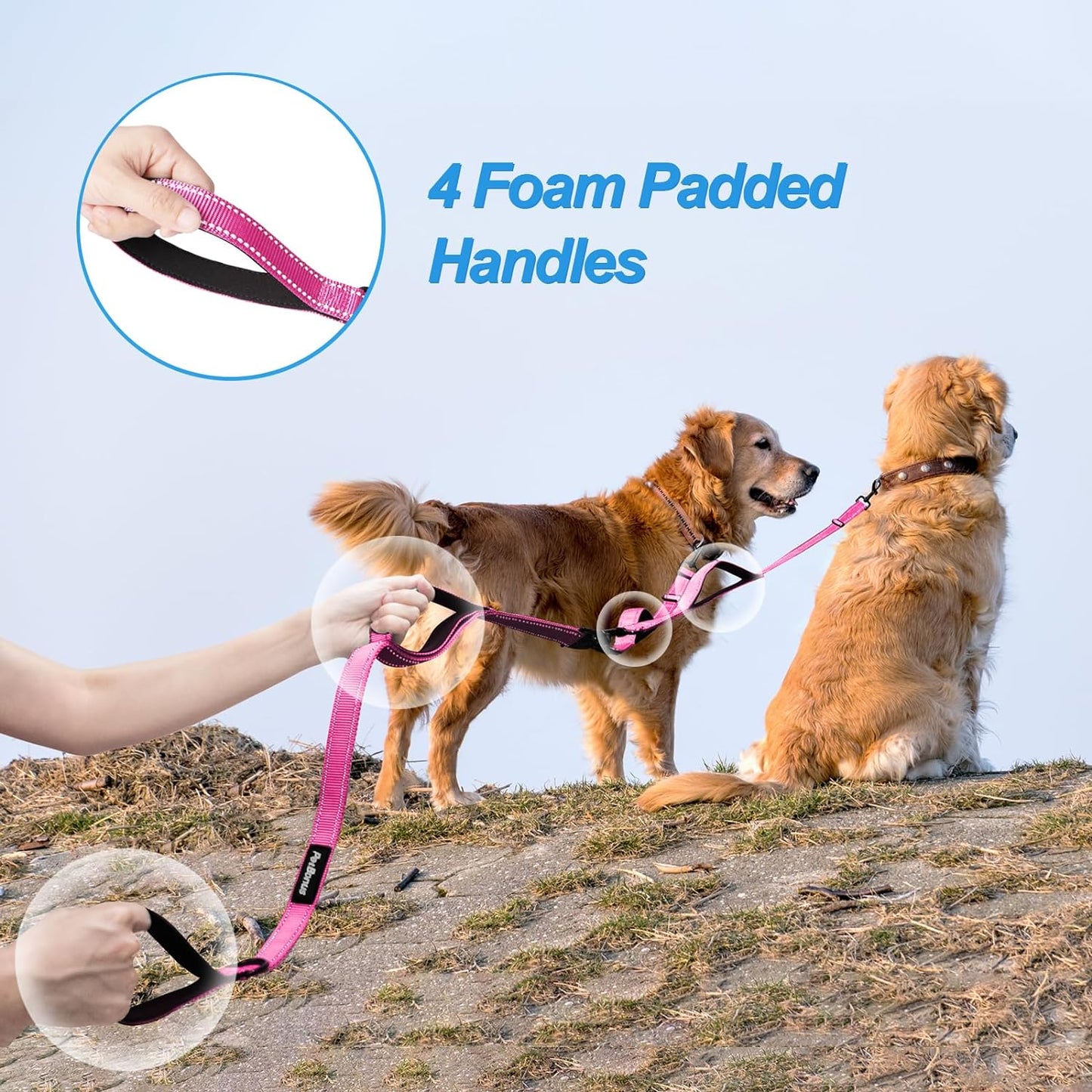 Double Dog Leash, No Tangle Dual Dog Leash, Reflective Walking Training Leash, 4 Comfortable Padded Handles for 2 Dogs with Collapsible Bowl and Waste Bags Dispenser (Pink, Large)
