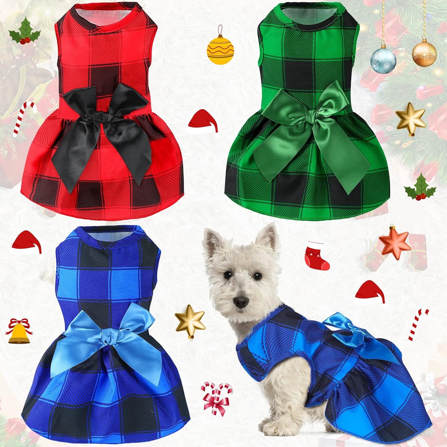 3 Pieces Christmas Buffalo Plaid Puppy Dress with Bowknot Plaid Dog Princess Dress Check Pattern Dog Skirt Holiday Pet Dresses Puppy Costume Apparel Clothes for Small Dogs (L (7-9Lbs)