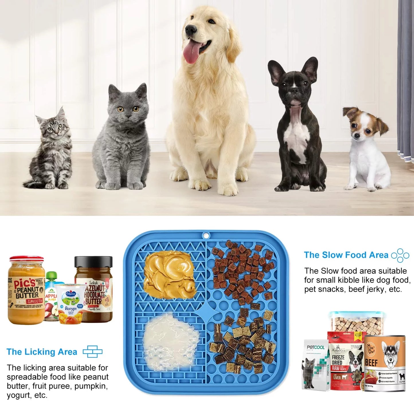 Lick Mat for Dogs, 3Pcs Slow Feeder Dog Bowls with Suction Cups(Green Dog Lick Mat + Blue Lick Mat for Cats + Orange Spatula) for Dog Treats & Cat Food (Anti-Slip, Food Grade Silicone)