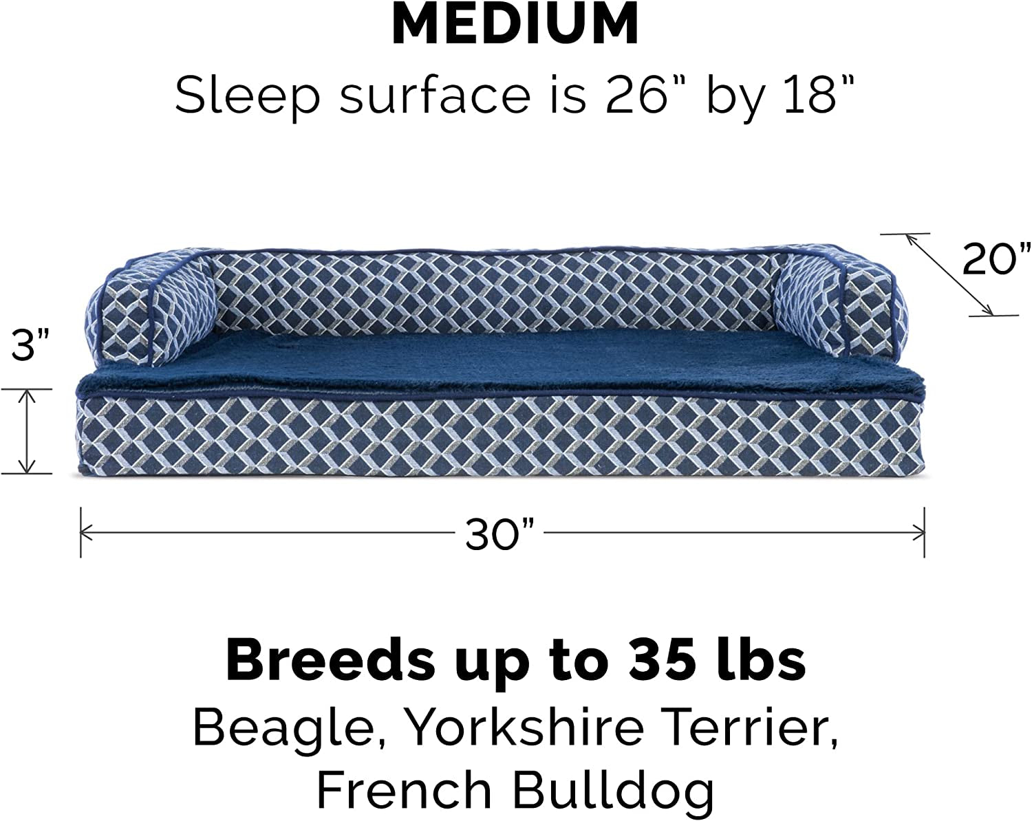 Orthopedic Dog Bed for Medium/Small Dogs W/ Removable Bolsters & Washable Cover, for Dogs up to 35 Lbs - Plush & Woven Decor Comfy Couch Sofa - Diamond Blue, Medium