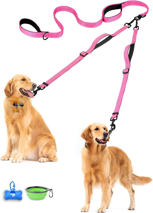 Double Dog Leash, No Tangle Dual Dog Leash, Reflective Walking Training Leash, 4 Comfortable Padded Handles for 2 Dogs with Collapsible Bowl and Waste Bags Dispenser (Pink, Large)