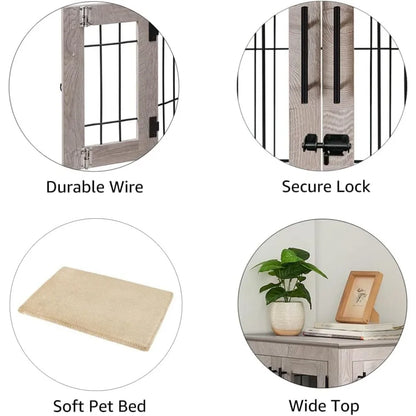Furniture Style Dog Crate End Table, Double Doors Wooden Wire Dog Kennel with Pet Bed, Decorative Pet Crate Dog House