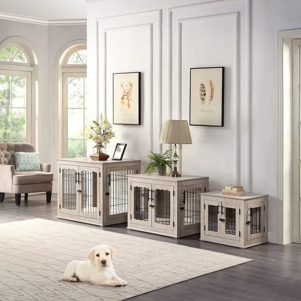 Furniture Style Dog Crate End Table, Double Doors Wooden Wire Dog Kennel with Pet Bed, Decorative Pet Crate Dog House