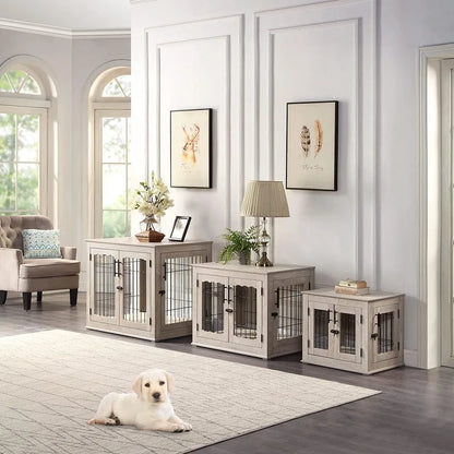 Furniture Style Dog Crate End Table, Double Doors Wooden Wire Dog Kennel with Pet Bed, Decorative Pet Crate Dog House