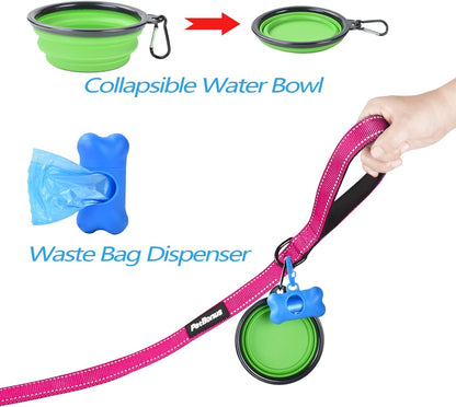 Double Dog Leash, No Tangle Dual Dog Leash, Reflective Walking Training Leash, 4 Comfortable Padded Handles for 2 Dogs with Collapsible Bowl and Waste Bags Dispenser (Pink, Large)