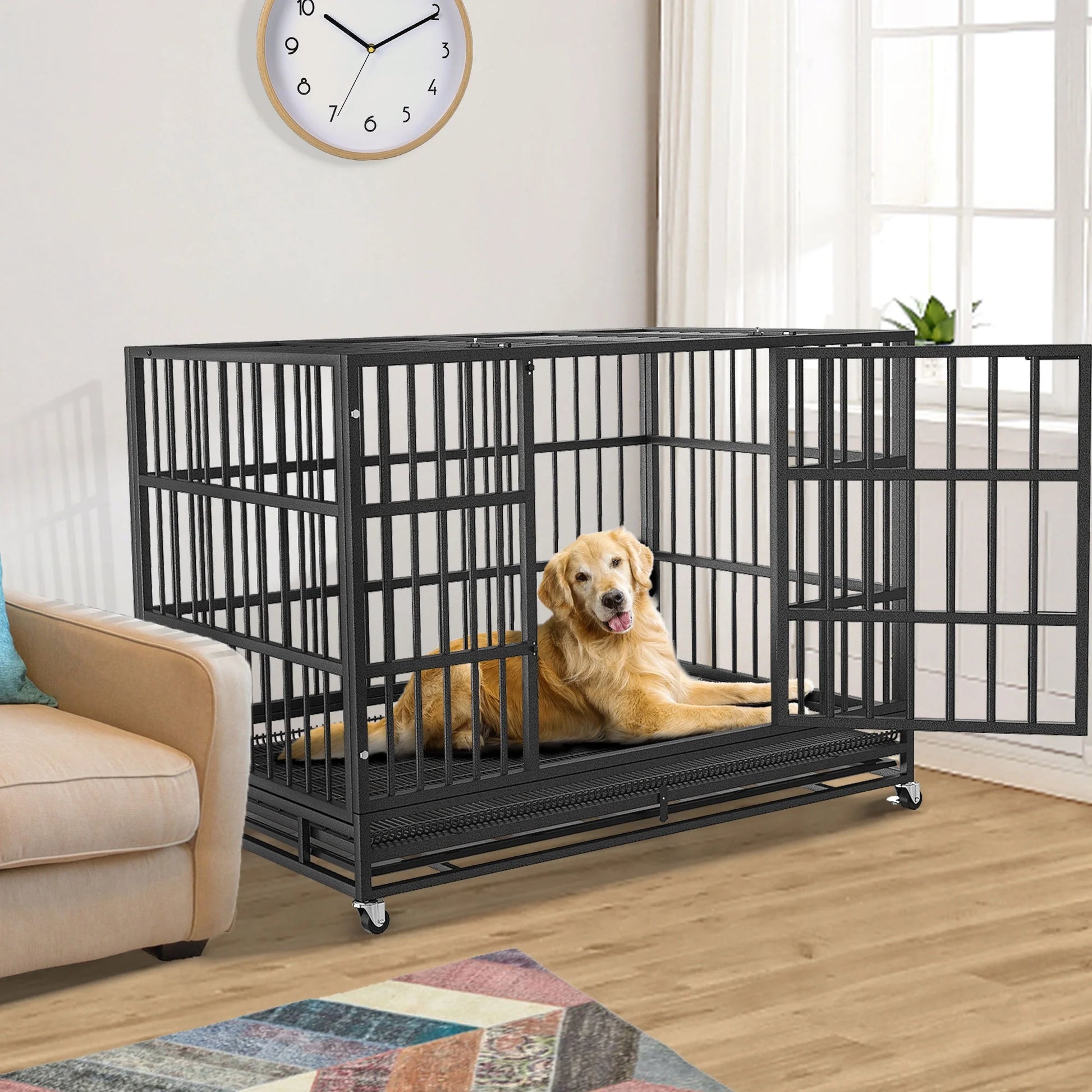 48/38 Inch Heavy Duty Indestructible Dog Crate Cage Kennel for Large Dogs, High Anxiety Dog Crate with Removable Crate Trays, Wheels and Double Door, Extra Large XL XXL Escape Proof Dog Crate