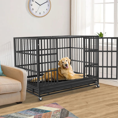 48/38 Inch Heavy Duty Indestructible Dog Crate Cage Kennel for Large Dogs, High Anxiety Dog Crate with Removable Crate Trays, Wheels and Double Door, Extra Large XL XXL Escape Proof Dog Crate