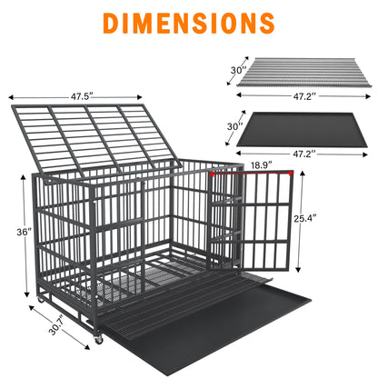 48/38 Inch Heavy Duty Indestructible Dog Crate Cage Kennel for Large Dogs, High Anxiety Dog Crate with Removable Crate Trays, Wheels and Double Door, Extra Large XL XXL Escape Proof Dog Crate