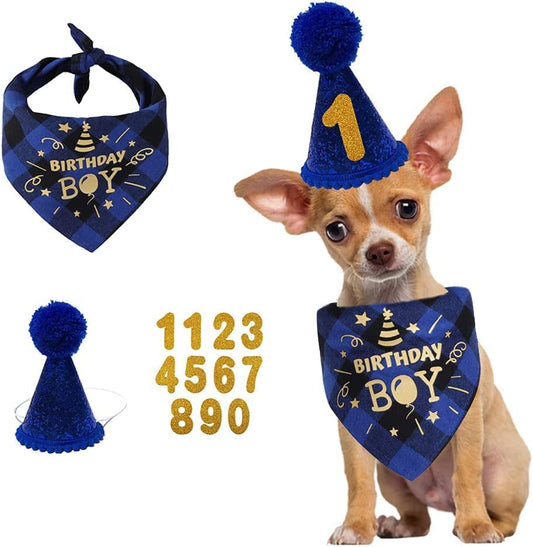 BARRYOU Dog Birthday Party Set, Dog Birthday Bandana Triangle Scarf with Cute Dog Birthday Number Hat Dog Birthday Banner for Dog Birthday Party Supplies (Blue-Hat&Bscarf&Number), 13 Piece Set