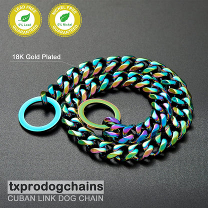 Dog Chain Collars for Dogs Chew Proof Dog Collar, 15Mm Thick Color Chain Dog Collar Heavy Duty Stainless Steel Metal Cuban Link Dog Collar for Small Medium Large Dogs
