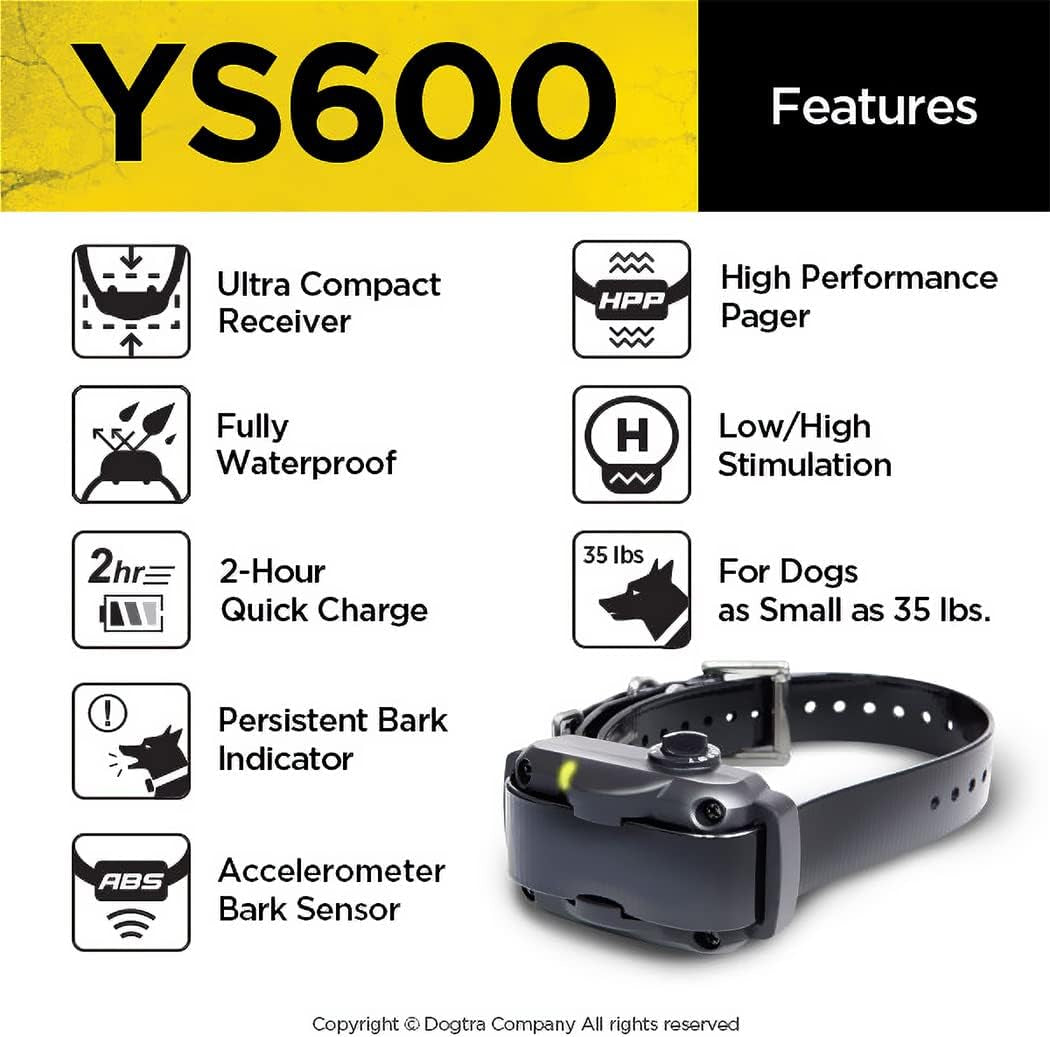 YS600 anti Bark Collar for Medium to Large Dogs, Adjustable 10 Intensity Levels, Vibration Warning, Low/High Stimulation, Waterproof, 2-Hour Quick Charge Rechargeable Battery, W/Petstek Clicker