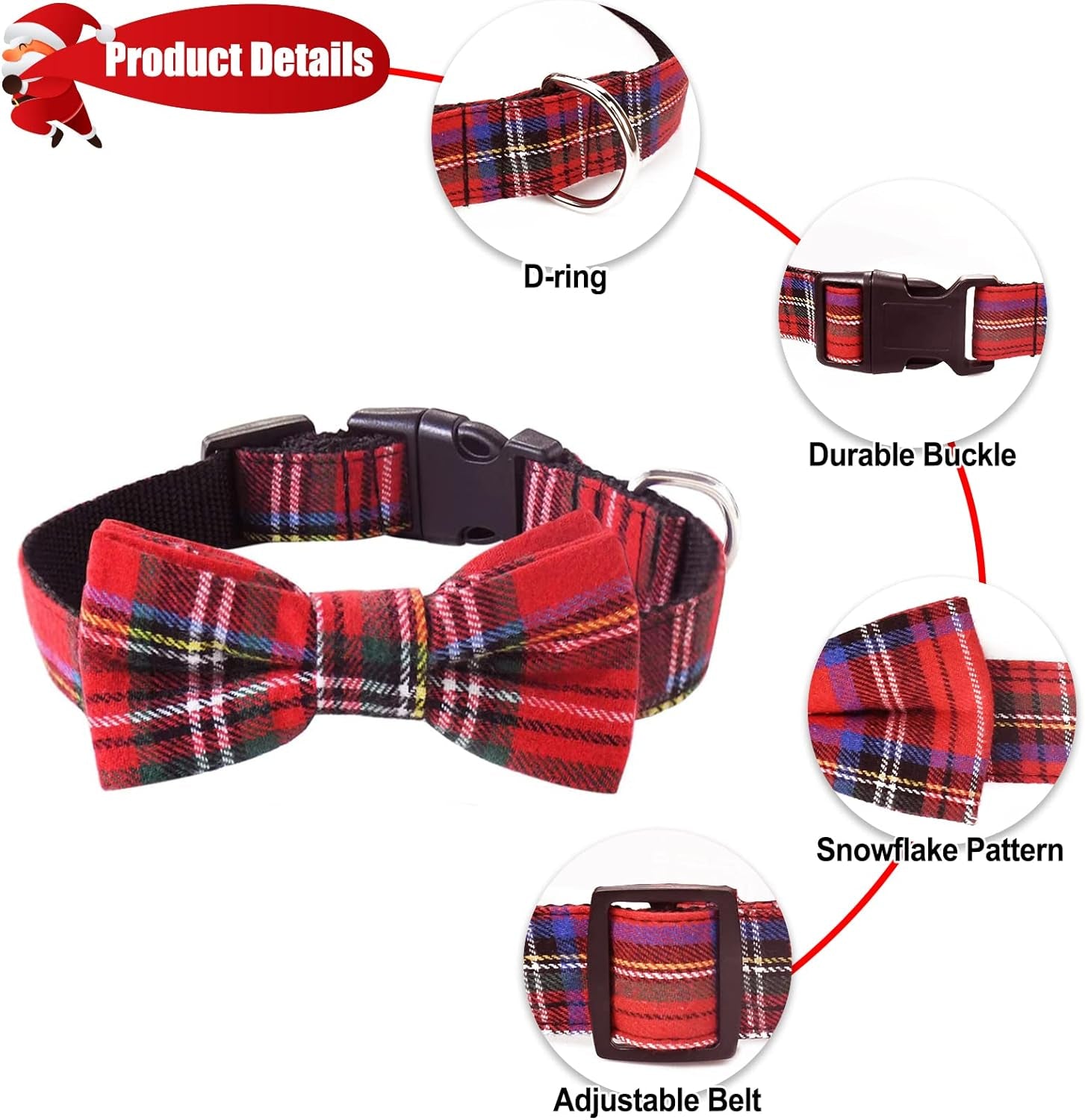 Dog Collar with Bow Tie Christmas Classic Plaid Dog Collar with Light Adjustable Buckle Suitable for Small Medium Large Dogs Cats Pets - M