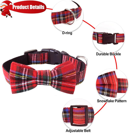 Dog Collar with Bow Tie Christmas Classic Plaid Dog Collar with Light Adjustable Buckle Suitable for Small Medium Large Dogs Cats Pets - M