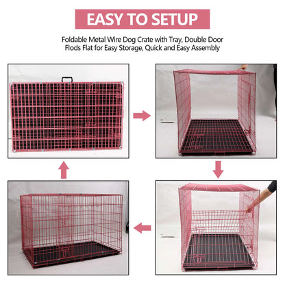 24 Inch Pets Dog Cage for Small Dogs, Folding Dog Crates and Kennels Double Door, Pet Cage with Tray Pan for Small Animals