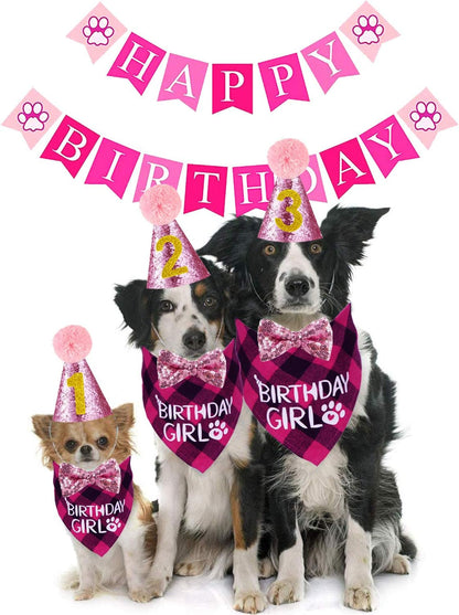 Dog Birthday Bandana, Dog Birthday Party Set, Dog Birthday Girl Bandana Triangle Scarf with Cute Dog Birthday Number Hat Bowtie Dog Birthday Banner for Dog Birthday Party Supplies (Pink)