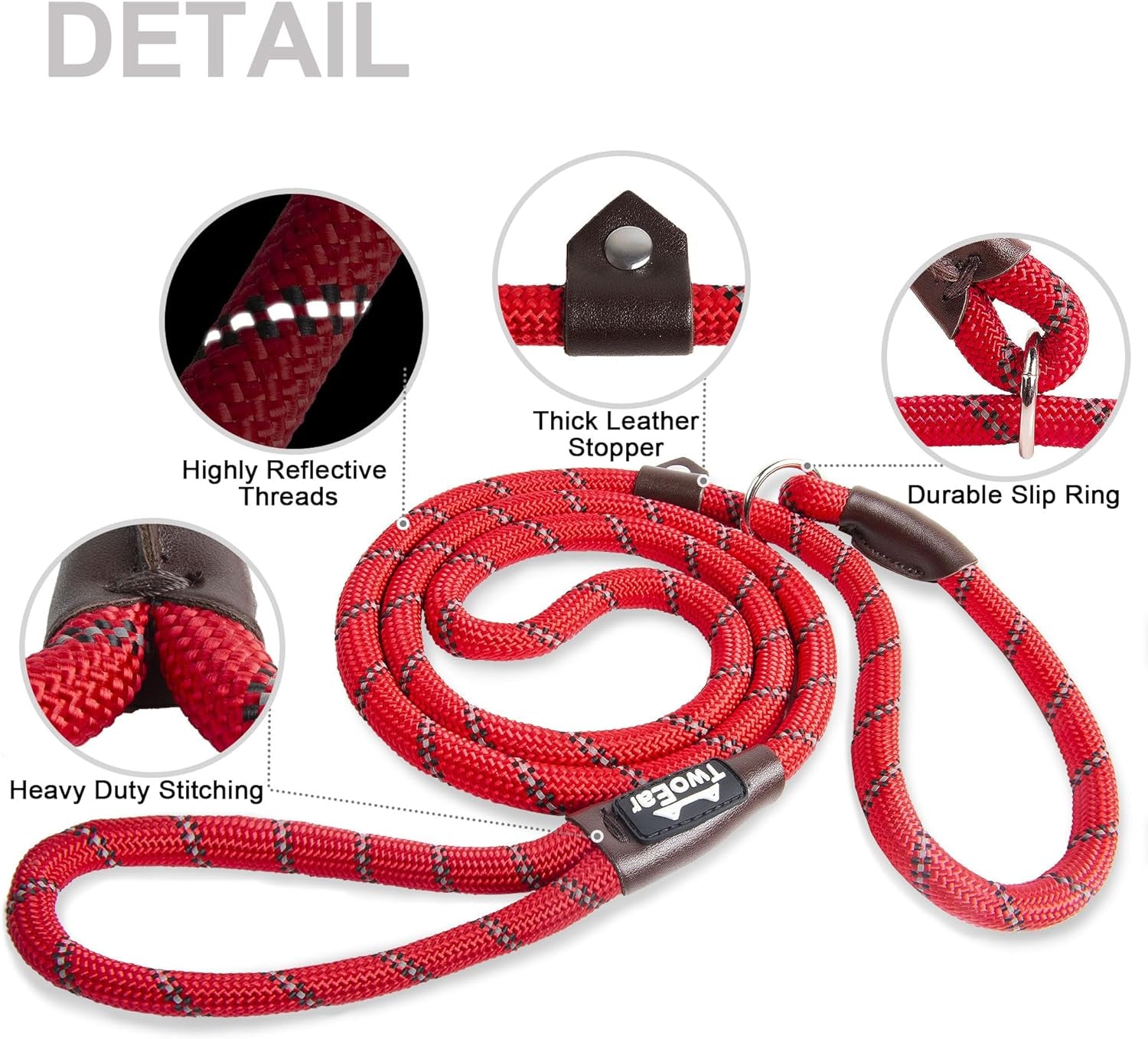 Dog Leash Dog Slip Rope Leash 1/2" X 6FT Dog Training Leash Heavy Duty Strong Slip Lead Highly Reflective Threads for Small Medium and Large Dogs(Red)