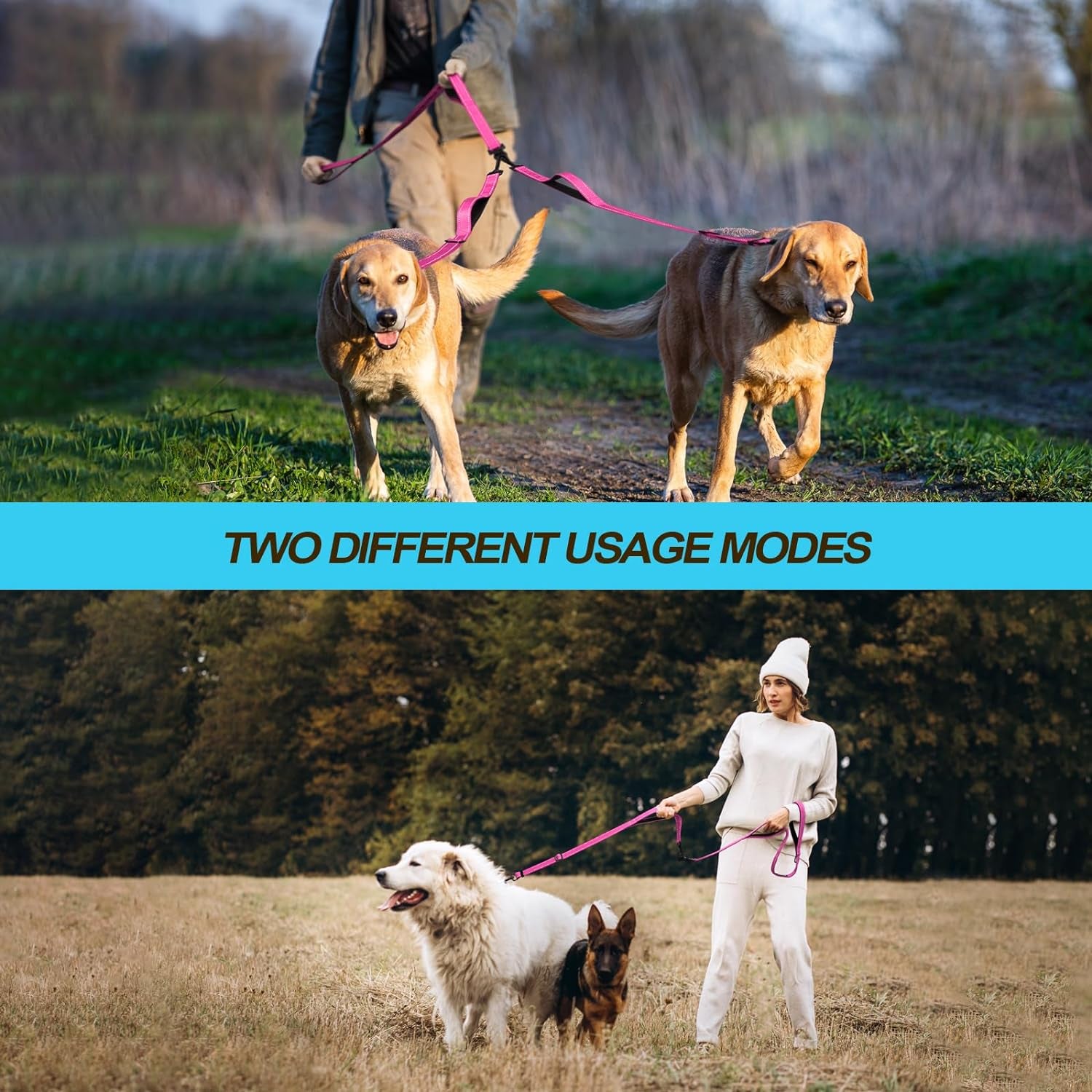 Double Dog Leash, No Tangle Dual Dog Leash, Reflective Walking Training Leash, 4 Comfortable Padded Handles for 2 Dogs with Collapsible Bowl and Waste Bags Dispenser (Pink, Large)