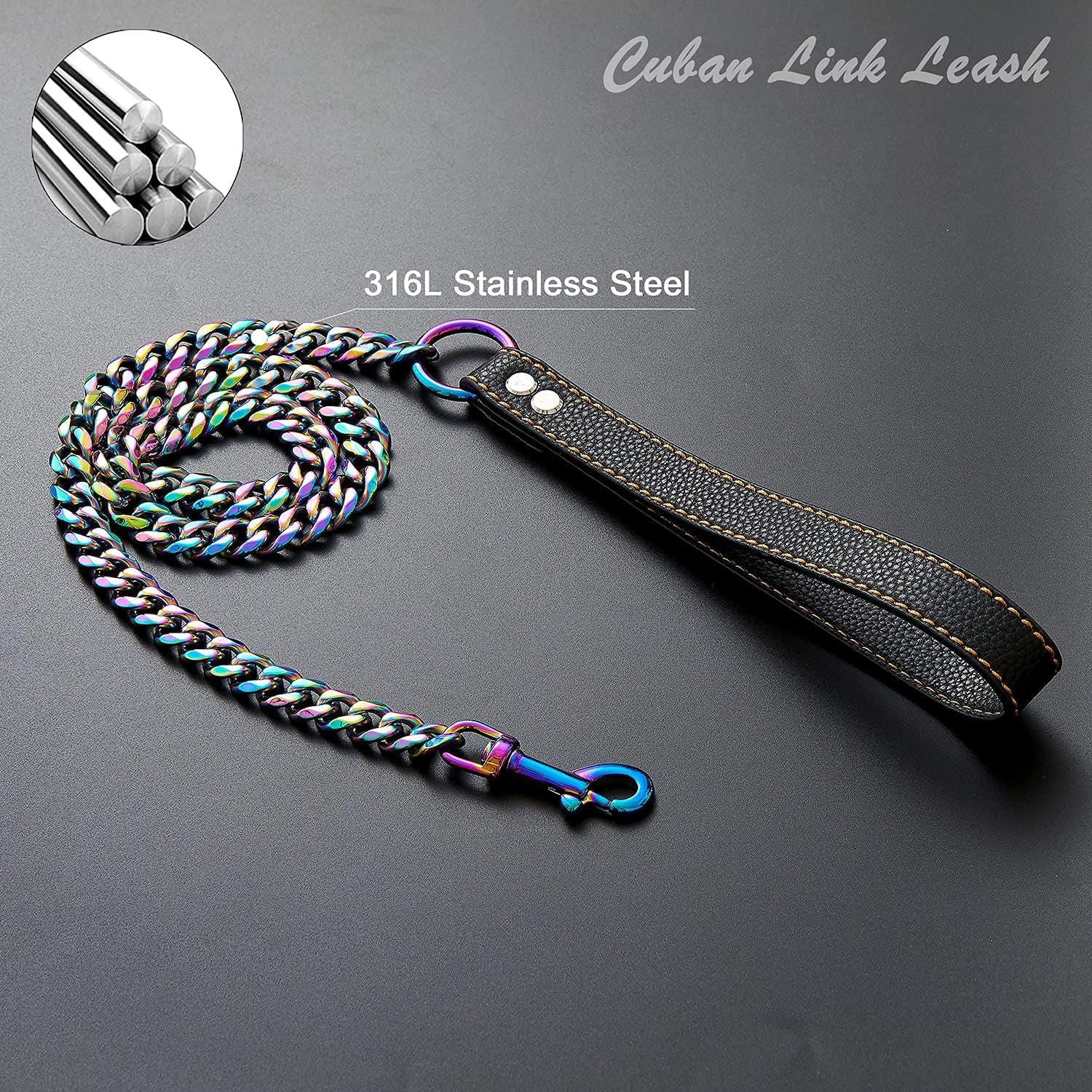 Chain Leash for Medium Large Dogs Metal Chain Leash Chew Proof, Heavy Duty Leash Stainless Steel Multicolored Dog Leash Chain with Leather Padded Handle (3.5FT)