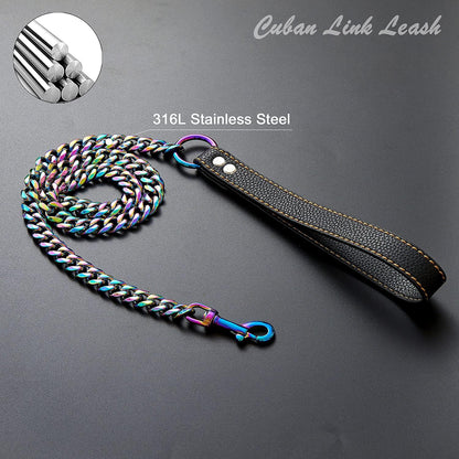 Chain Leash for Medium Large Dogs Metal Chain Leash Chew Proof, Heavy Duty Leash Stainless Steel Multicolored Dog Leash Chain with Leather Padded Handle (3.5FT)