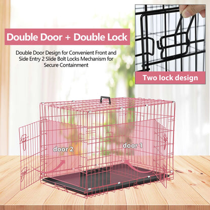 24 Inch Pets Dog Cage for Small Dogs, Folding Dog Crates and Kennels Double Door, Pet Cage with Tray Pan for Small Animals