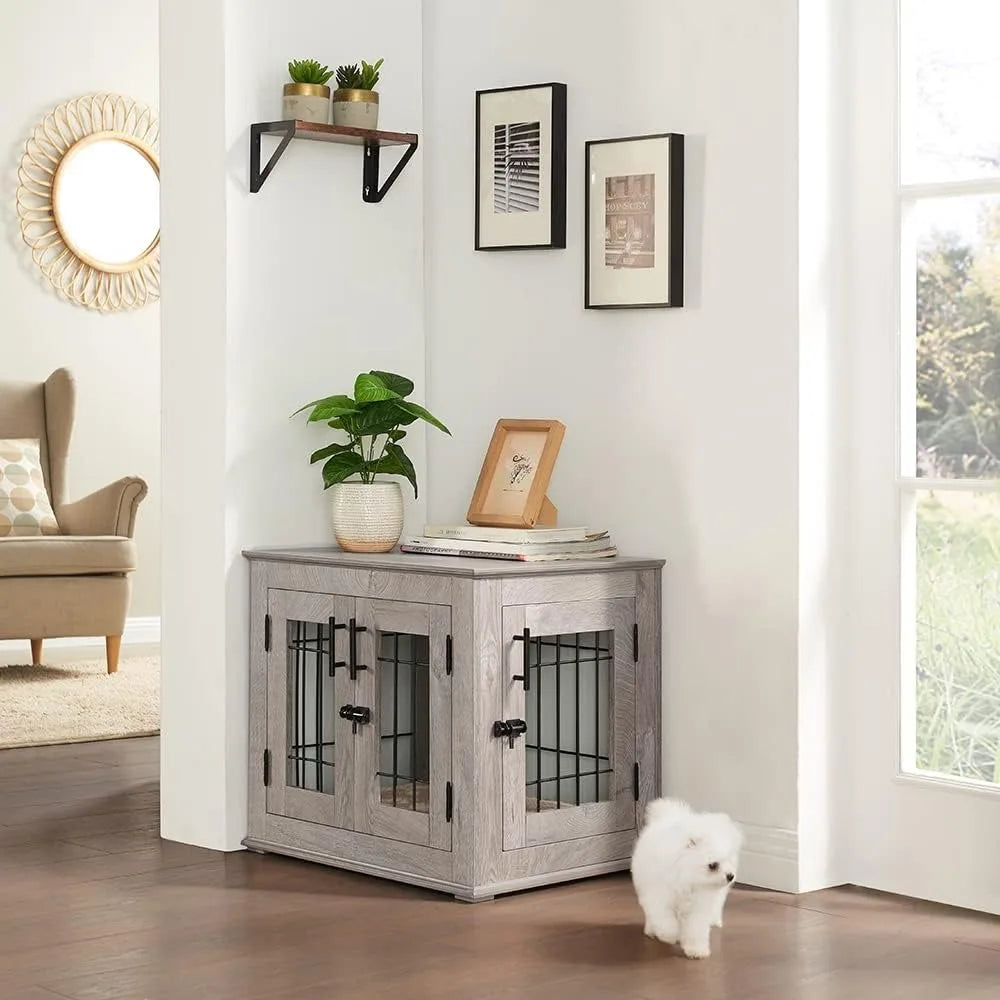 Furniture Style Dog Crate End Table, Double Doors Wooden Wire Dog Kennel with Pet Bed, Decorative Pet Crate Dog House