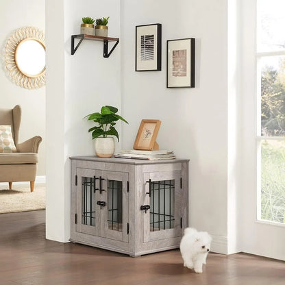 Furniture Style Dog Crate End Table, Double Doors Wooden Wire Dog Kennel with Pet Bed, Decorative Pet Crate Dog House